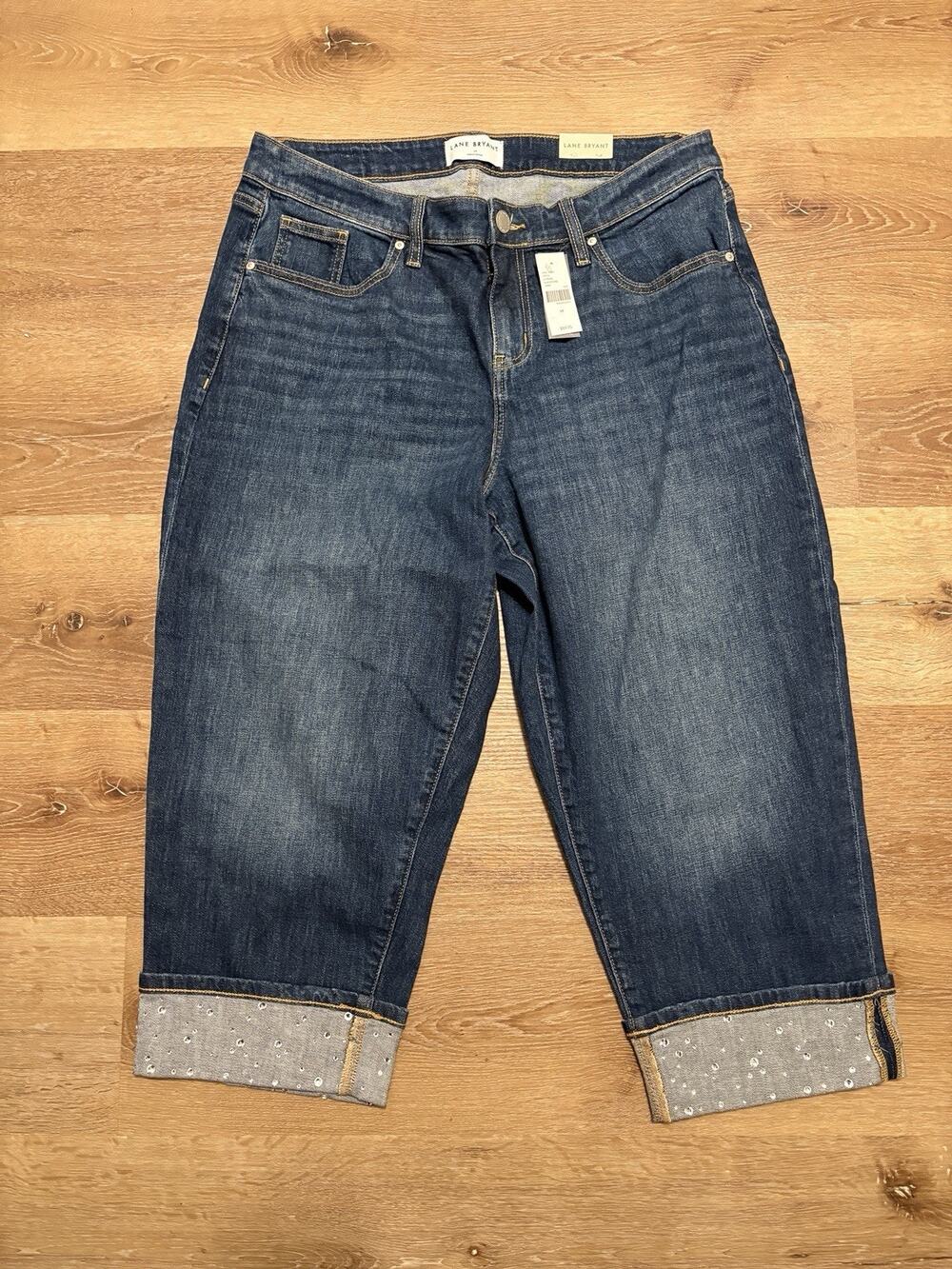 Lane Bryant Women’s Mid-Rise Boyfriend Fit Capri Jeans 14 NWT Blue Rhinestones